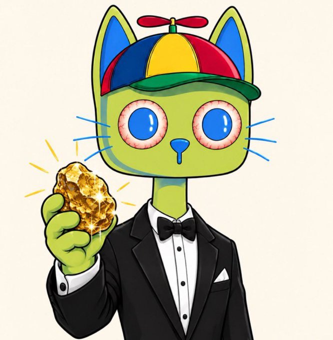A cartoon green cat character wearing a tuxedo, bow tie, and a colorful propeller beanie, holding up a sparkling gold rock or nugget.