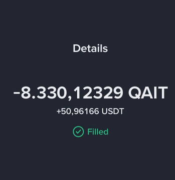 A screenshot of a filled order details showing a loss of -8.33012329 QAIT (+50.96166 USDT), which relates to the post celebrating daily gains, as the positive USDT value (+51u) corresponds to the claimed profit despite the negative QAIT token amount due to token price differences.