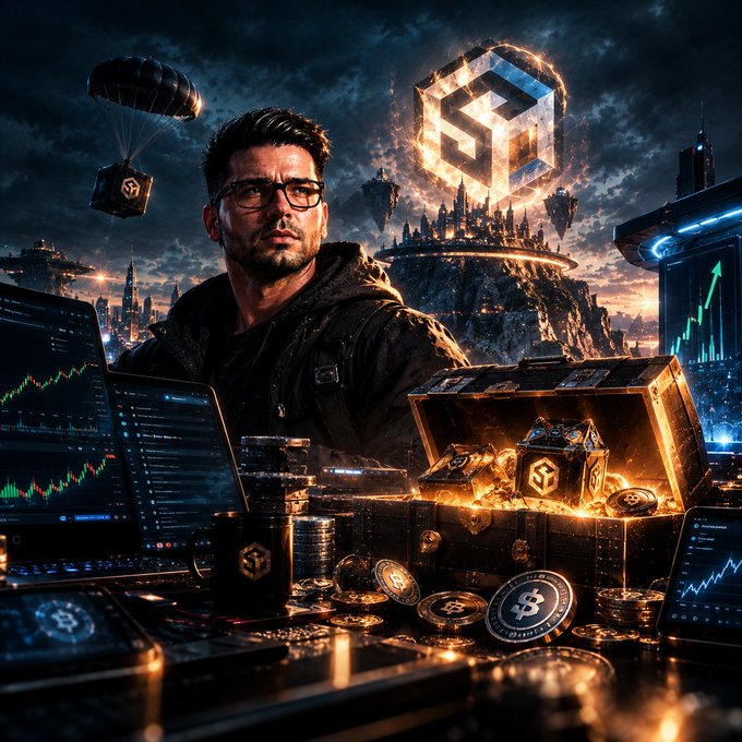 A dramatic digital illustration of a bearded man with glasses standing before trading screens, treasure chests overflowing with gold coins and Bitcoin/crypto tokens, set against a futuristic cityscape with floating islands and a glowing geometric logo.