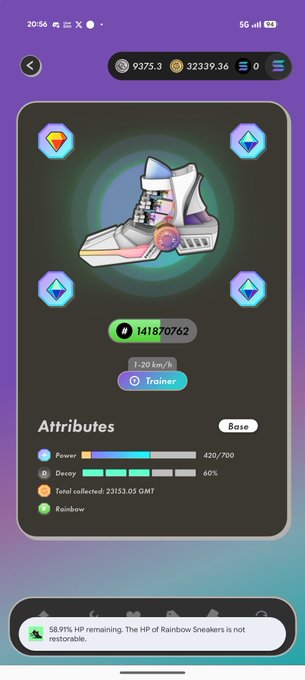 A mobile app screen showing a digital sneaker NFT with attributes including 'Rainbow' and 'Power: 420/700', with notification text noting '58.91% HP remaining.'