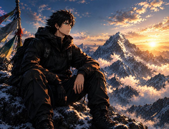 Anime-style artwork of a young man with messy black hair wearing a dark jacket and backpack, sitting on a snowy mountain peak with prayer flags, overlooking a vast range of snow-capped mountains at sunset.