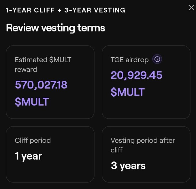 A screenshot of a vesting terms review for a "$MULT" token airdrop showing an estimated total reward of 570,027.18 $MULT, with a 20,929.45 $MULT TGE airdrop, a 1-year cliff period, and 3-year vesting period thereafter. The post expresses reluctance about having to lock in the allocation through this 1-year cliff + 3-year vesting structure in order to receive the pre-sale benefits.