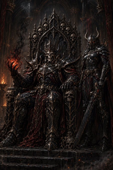 A dark fantasy illustration depicts a sinister armored figure seated on a gothic throne adorned with skulls, flanked by a similarly armored knight standing guard holding a large sword.