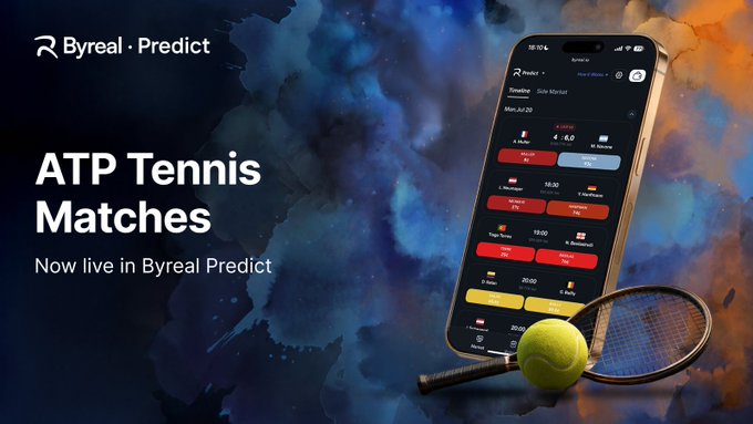A promotional graphic for Byreal Predict featuring a smartphone displaying ATP tennis match prediction markets (including Atmane vs Kopriva) alongside a tennis racket and ball, announcing the launch of three new events: Generali Open Kitzbühel (ATP 250, Austria), Tampere Challenger (Finland), and Zug Challenger (Switzerland).