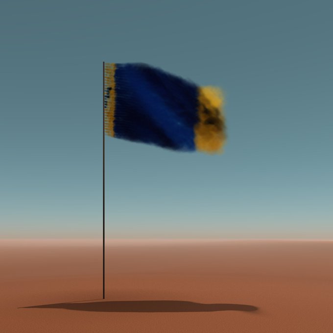 A blue and yellow flag labeled 'BITCOIN' blowing in the wind against a blue sky over an orange desert-like landscape.