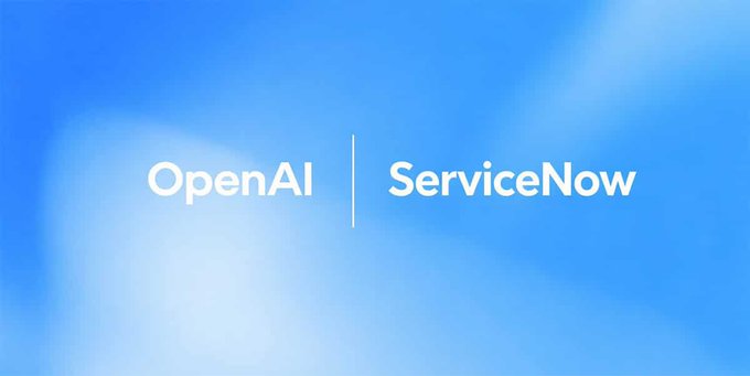 The image displays "OpenAI | ServiceNow" in white text against a blue gradient background, indicating a partnership between the two companies. The post's caption sarcastically counters the claim that "AI will kill $NOW" by highlighting ServiceNow's collaboration with OpenAI, suggesting the company is embracing AI rather than being threatened by it.