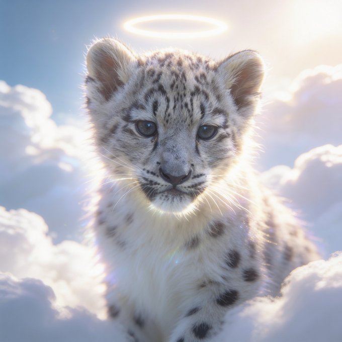 A photorealistic snow leopard cub with a glowing halo above its head rests among fluffy white clouds under a bright blue sky.