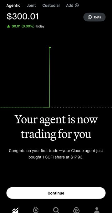 The image shows an electronic display screen with several icons, including a green upward trend line and text that reads "Your agent is now trading for you". Additionally, there are three icons at different points on the screen – one at the bottom left corner, another at the top right corner, and a third one further down. The surrounding context suggests that this could be an app interface related to an online marketplace or a financial platform where people can buy and sell stocks.