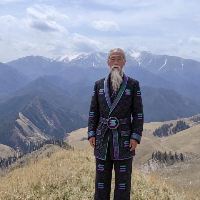 An elderly man with a long white beard stands in a mountainous landscape wearing an ornate black robe decorated with purple and teal geometric patterns.