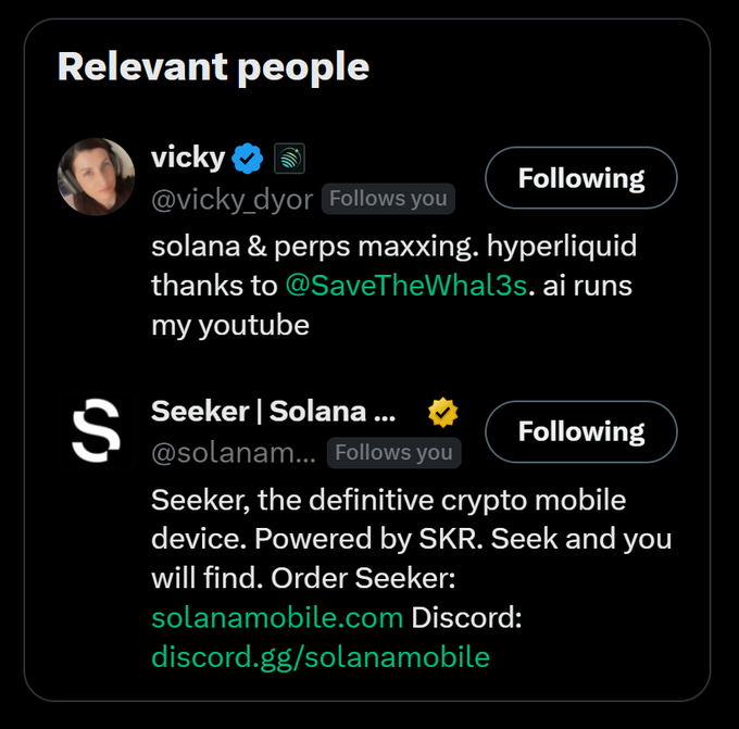 Twitter 'Relevant people' section showing vicky @vicky_dyor ('solana & perps maxxing. hyperliquid thanks to @SaveTheWhal3s. ai runs my youtube') and Seeker | Solana @solanamobile promoting solanamobile.com.