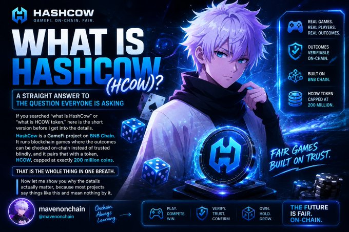 An anime-style promotional graphic titled "WHAT IS HASHCOW (HCOW)?" explaining it is a GameFi project on BNB Chain with a fair token distribution, signed by @mavenonchain.