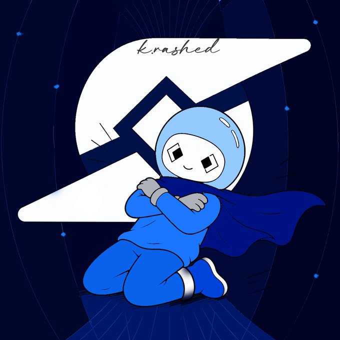 A cute blue-masked cartoon superhero hugs a flowing dark blue cape, posing in front of a white "krashed" logo with a lightning bolt design against a dark starry background. The image matches the post's description of a "little superhero who celebrates with hugs," serving as a cheerful mascot for the DlicomApp community.