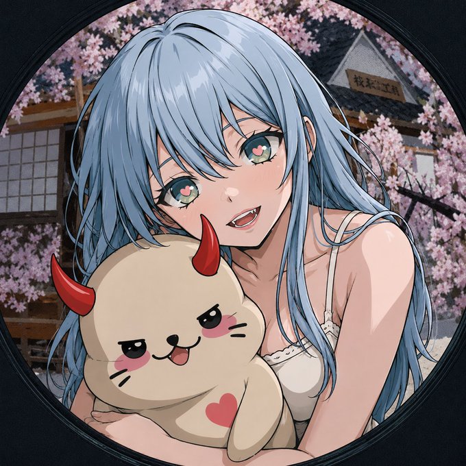 An anime-style illustration of a blue-haired girl with teal eyes wearing a white top, smiling while holding a cute white devil plush toy with red horns, set against a backdrop of cherry blossoms and traditional Japanese architecture.