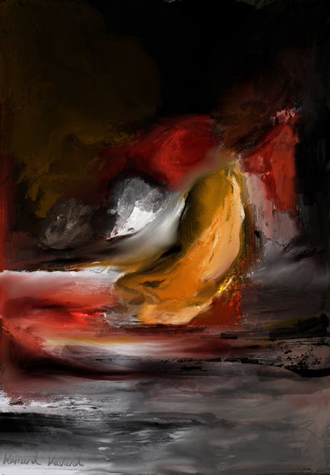 An abstract painting featuring bold strokes of red, orange, yellow, and gray in dark, swirling compositions, signed 'Konrad Peschel' in the lower left.