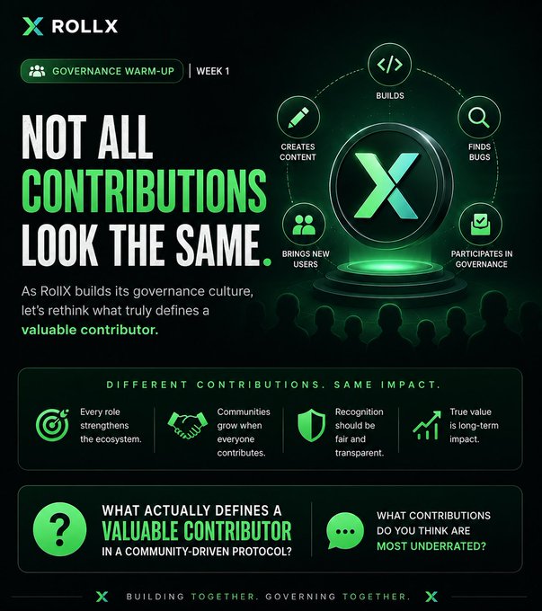 A promotional graphic for 'ROLLX' titled 'NOT ALL CONTRIBUTIONS LOOK THE SAME,' with the subtitle 'GOVERNANCE WARM-UP | WEEK 1' and a circular diagram showing how contributors 'BUILDS,' 'CREATES CONTENT,' 'BRINGS NEW USERS,' 'PARTICIPATES IN GOVERNANCE,' and 'FINDS BUGS.'