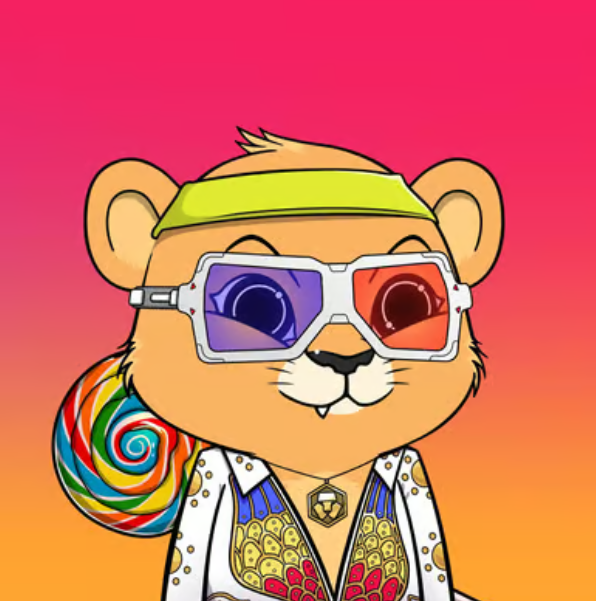A cartoon bear wearing 3D-style glasses and a flashy patterned vest, holding a rainbow swirl lollipop against a pink-to-orange gradient background.