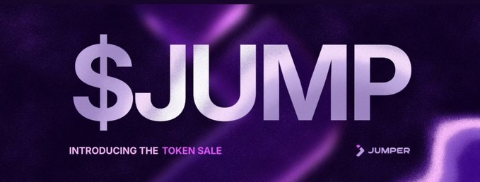 A promotional banner reading '$JUMP - INTRODUCING THE TOKEN SALE' by Jumper, displayed in bold white and purple gradient text on a dark purple background.