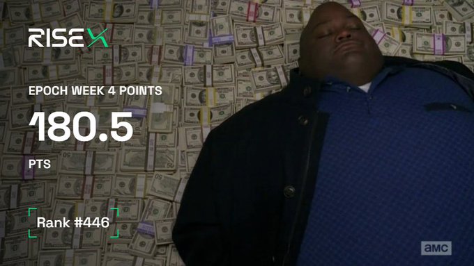 An image styled like a Breaking Bad scene shows a man lying against stacks of money, overlaid with text reading 'RISEX', 'EPOCH WEEK 4 POINTS', '180.5 PTS', and 'Rank #446', with the AMC logo in the corner.