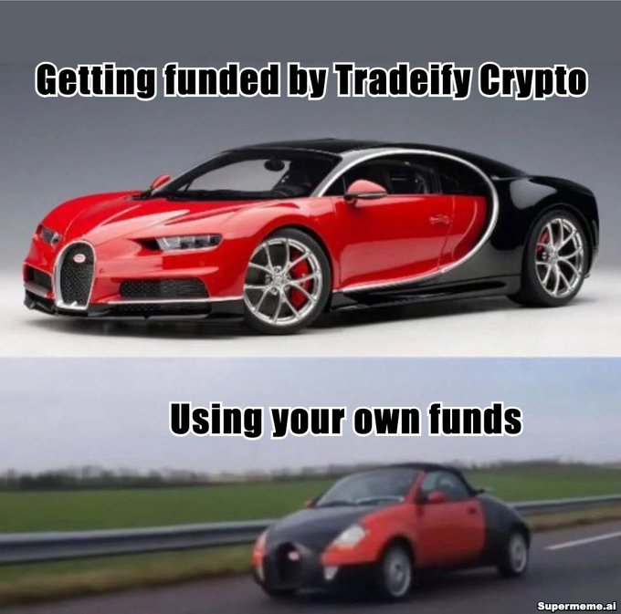 A meme comparing two scenarios: a luxury Bugatti Chiron labeled "Getting funded by Tradeify Crypto" versus a beat-up, rusted Bugatti replica labeled "Using your own funds," humorously suggesting that prop firm funding yields much better results than trading with personal capital.