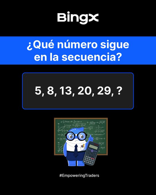 A BingX promotional graphic asks "¿Qué número sigue en la secuencia?" presenting the sequence "5, 8, 13, 20, 29, ?" above an owl character holding a calculator, with the hashtag #EmpoweringTraders.