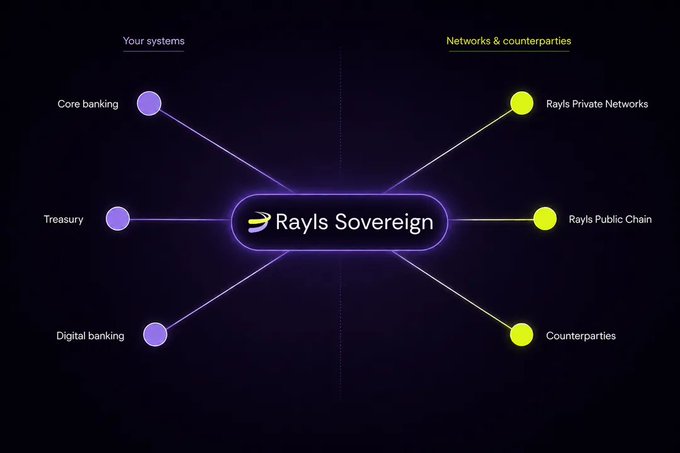 The image is a diagram showing "Rayls Sovereign" at the center, connecting institutional systems (Core banking, Treasury, and Digital banking on the left) to networks & counterparties (Rayls Private Networks, Rayls Public Chain, and Counterparties on the right). It visually illustrates how the platform serves as a bridge between a financial institution's internal infrastructure and external blockchain networks, reflecting the post's description of each institution running its own EVM-compatible ledger within its own environment.