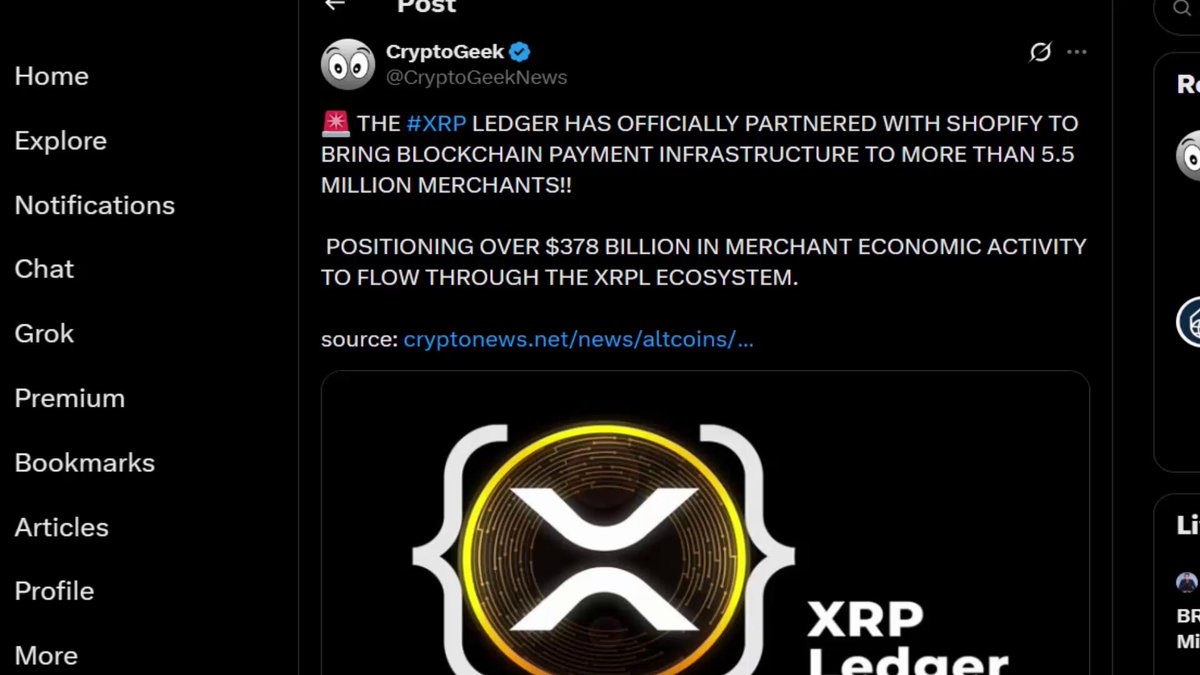 The main focus of the image is a screenshot of a Twitter page displaying the Bitcoin address XRP Ledger. The image also features a post from Ripple, which talks about their $338 Billion plan to push XRP by June 15th. The caption at the bottom of the image states that Ripple has officially paired with Shoppy to bring blockchain payment infrastructure to more than 5 million merchants in the xrp ecosystem. This information is related to a post on Twitter discussing XRP Ledger's potential partnership and Ripple's plan for the upcoming months.