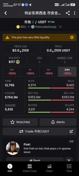A cryptocurrency tracking app displays data for the BSV/USDT token pair on PancakeSwap V2, showing a price of $0.0₉2109 and warning 'This pair has very little liquidity.'