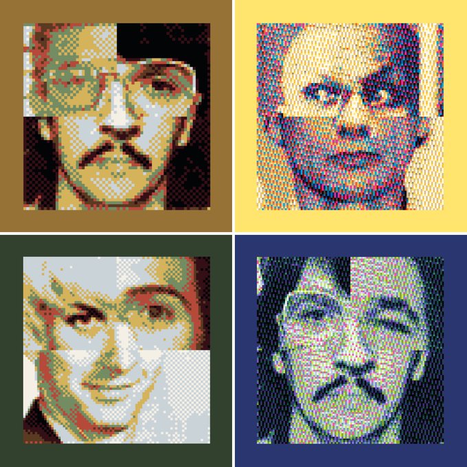 A four-panel pixel art composition in the style of Warhol, featuring portraits of men including one with glasses and a mustache, set against colored backgrounds.