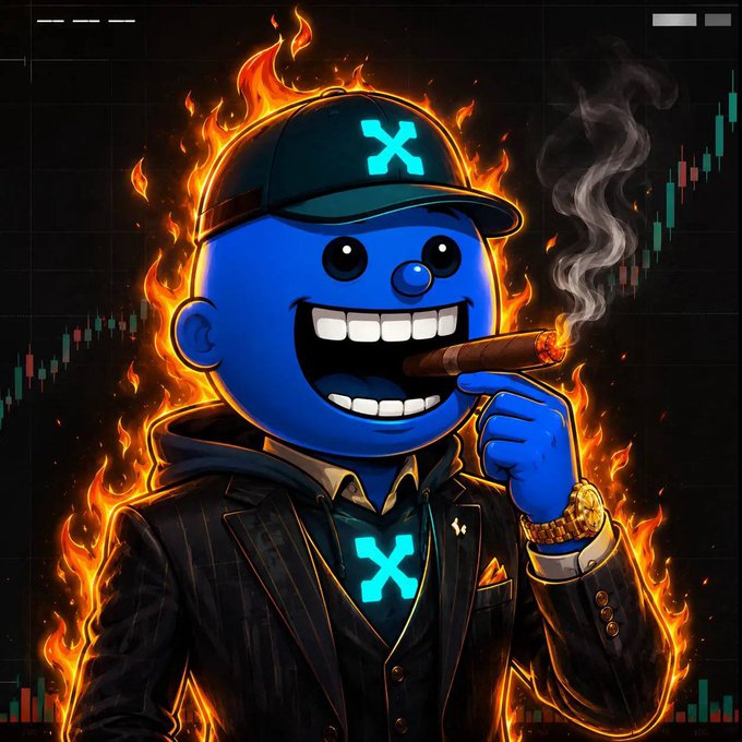 Digital art of a blue cartoon character wearing a cap with an XRP 'X' logo, smoking a cigar, dressed in a suit with a glowing XRP symbol on the chest, surrounded by flames with candlestick chart backgrounds.