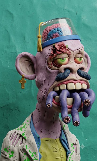 A 3D-rendered grotesque character with an exposed brain under a glass dome, a rose over one eye, purple tentacle-like appendages coming from its mouth, and wearing a stained white lab coat.