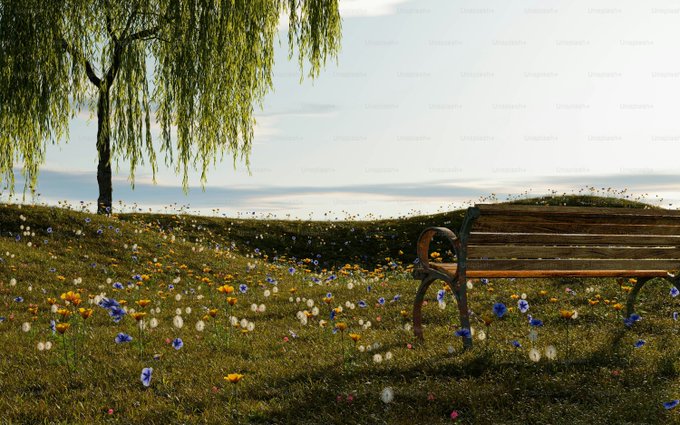 A serene park scene featuring a wooden bench on the right under a willow tree, with a meadow of yellow and blue wildflowers stretching into the distance under a soft sky.