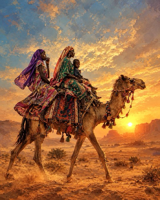 An artistic rendering depicts two women and a child in vibrant traditional attire riding a decorated camel through a desert landscape during a dramatic sunset.