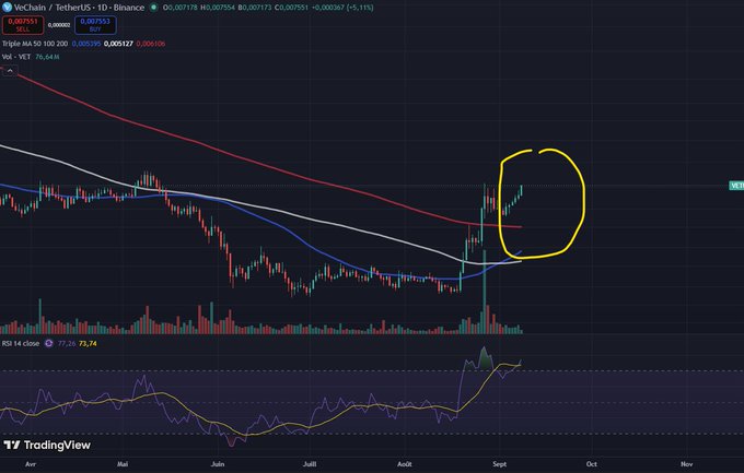 A TradingView daily candlestick chart for VeChain (VET/USDT) on Binance with moving averages, volume bars, and RSI 14 indicator, showing a yellow circle highlighting a recent price breakout.