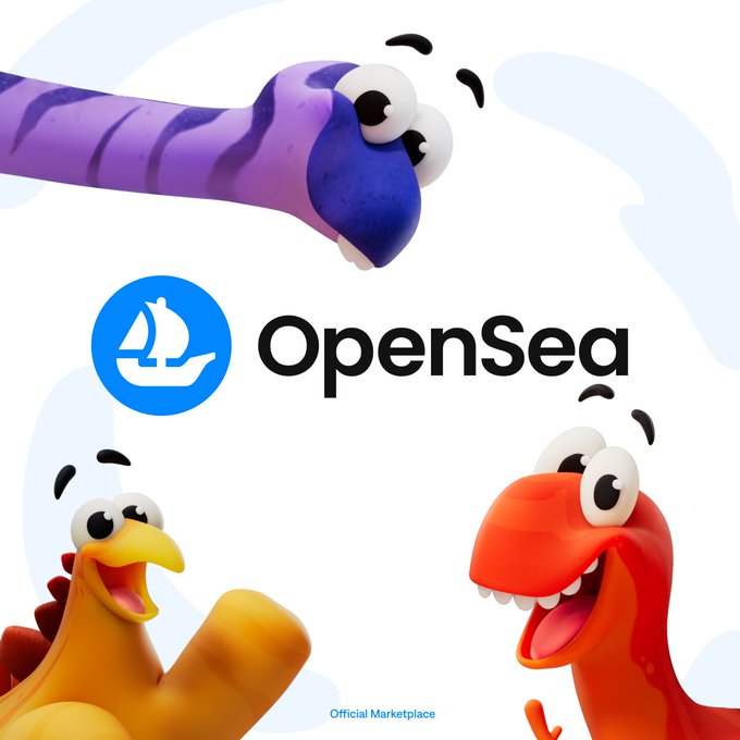 A promotional graphic for OpenSea featuring its blue sailboat logo alongside three cartoonish dinosaur-like creatures in purple, yellow, and red.