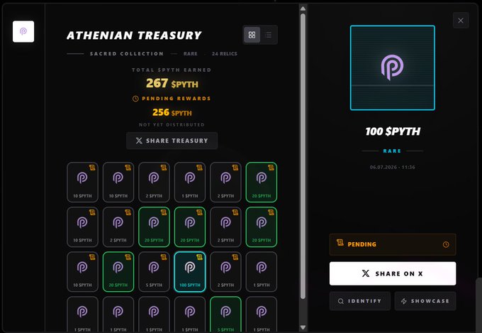A dark-themed digital interface titled 'ATHENIAN TREASURE' displays 267 SPYTH earned and 256 SPYTH in pending rewards, with a grid of SPYTH tokens of varying rarities and buttons to 'SHARE TREASURY', 'SHARE ON X', 'IDENTIFY', and 'SHOWCASE'.