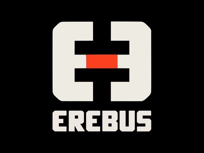 Logo for 'EREBUS' featuring a stylized gray and red 'H' or 'E' emblem on a black background.