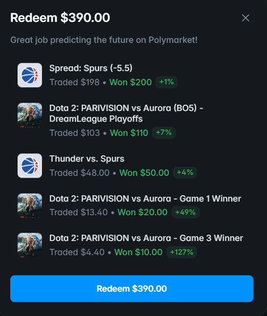 A screenshot of a trading app displaying four options for sports betting, including basketball and football games with their respective predicted outcomes.