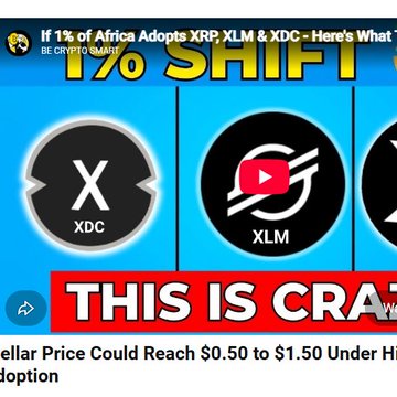 The image is a YouTube thumbnail from "Be Crypto Smart" titled "If 1% of Africa Adopts XRP, XLM & XDC - Here's What," featuring logos for XRP, XDC, and XLM alongside bold text reading "1% SHIFT" and "THIS IS CRAZY," with a ticker-style note suggesting Stellar prices could reach "$0.50 to $1.50" under hypothetical adoption. It visually promotes the channel's speculative analysis on how even minimal African adoption of these three cryptocurrencies could dramatically impact their prices, aligning with the post's discussion of XRP, Stellar, and XDC's potential to solve financial challenges in Africa.