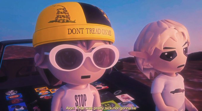 Two cartoon characters stand near a vehicle with stickers, one wearing a 'DONT TREAD ON ME' hat and glasses, while subtitles read 'Alan: That was pretty sick not gonna lie'.
