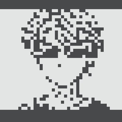 A low-resolution, heavily pixelated black and white image resembling a stylized bust or head profile.