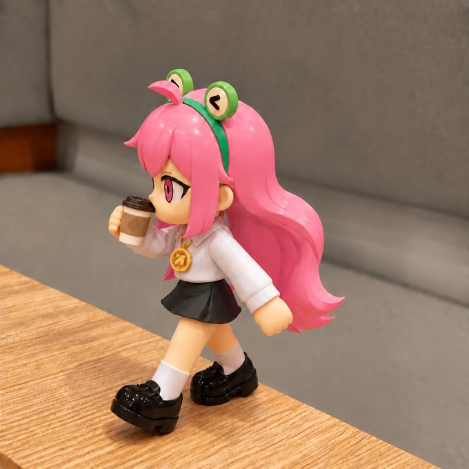 A chibi-style figurine of a pink-haired girl with a green frog headband, white top, black skirt, and platform shoes holds a coffee cup while walking on a wooden surface.