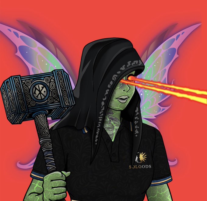 An illustration of a hooded green-skinned fairy character with butterfly wings holding Mjölnir (Thor's hammer), with laser beam eyes, branded with the SolGods logo.