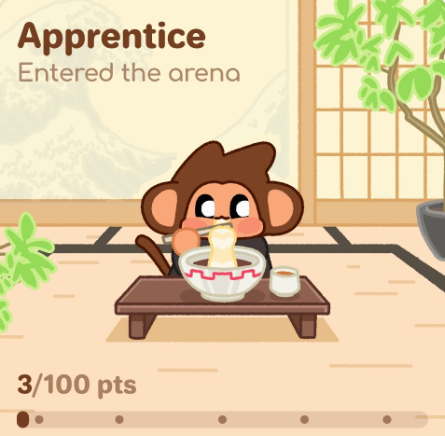 A screenshot from a mobile game showing a cartoon monkey preparing food, labeled 'Apprentice - Entered the arena' with a score progress bar at 3/100 pts.