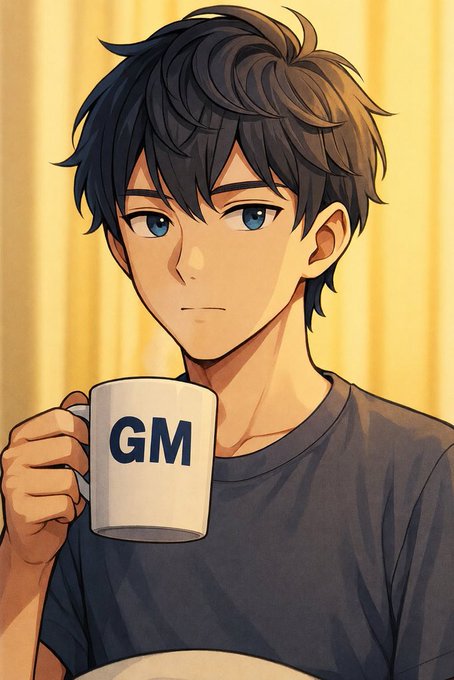 An anime-style illustration shows a dark-haired young man with blue eyes holding a white mug that reads 'GM'.