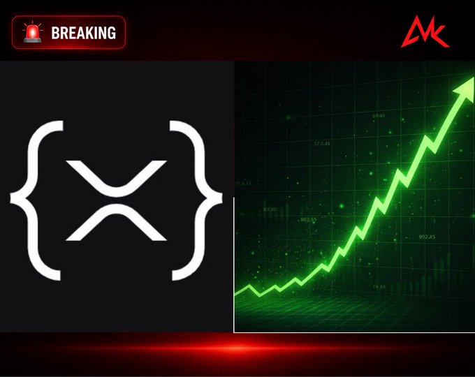 Breaking news-style image featuring the XRP (Ripple) logo in a black square on the left, paired with a green upward-trending stock chart with an arrow on the right, set against a dark background with a red 'BREAKING' alert.