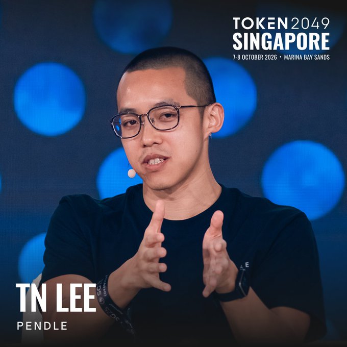 TN Lee, Co-Founder and CEO of Pendle, gestures while speaking at TOKEN2049 Singapore (7-8 October 2026 at Marina Bay Sands), returning to the conference as a featured speaker.