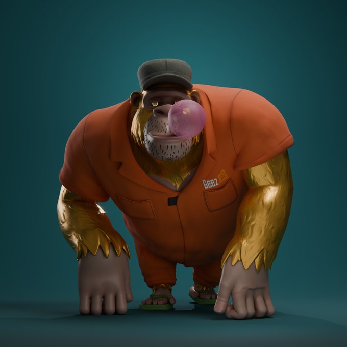 A 3D-rendered cartoon gorilla wearing a flat cap and orange prison-style shirt blows a pink bubble gum bubble, standing on all fours against a teal background.