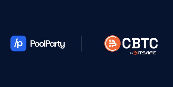 The image displays the PoolParty logo alongside the CBTC by ITSAFE logo on a dark navy background, separated by a thin divider line. This visually announces the integration mentioned in the post, showing the partnership between CBTC (by BitSafe Finance) and PoolParty DEX.