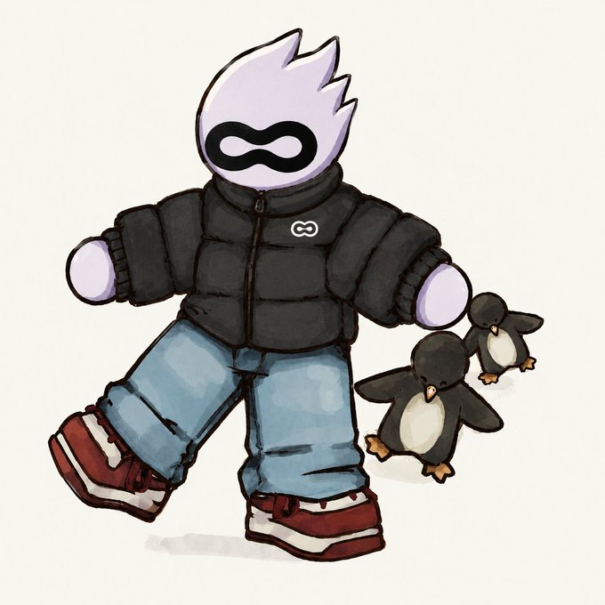 A cute illustration of a character with a white flame-like head wearing a black puffer jacket, blue jeans, and red sneakers, standing next to two small black penguins.