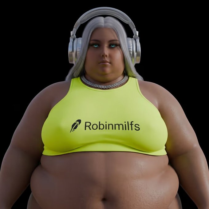 A 3D render of a heavy-set woman with silver hair and white headphones wearing a neon yellow crop top branded with the "Robinmilfs" logo and rocket icon against a black background.